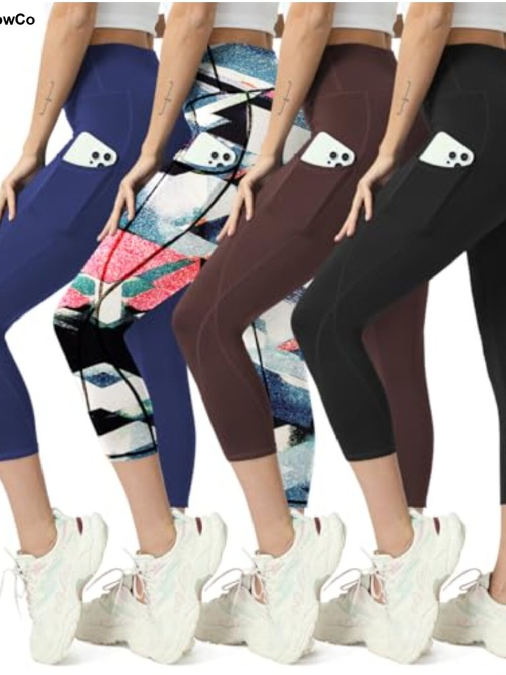High Waisted Capri Yoga Leggings with Pockets, Tummy Control, 90% Polyester 10%
